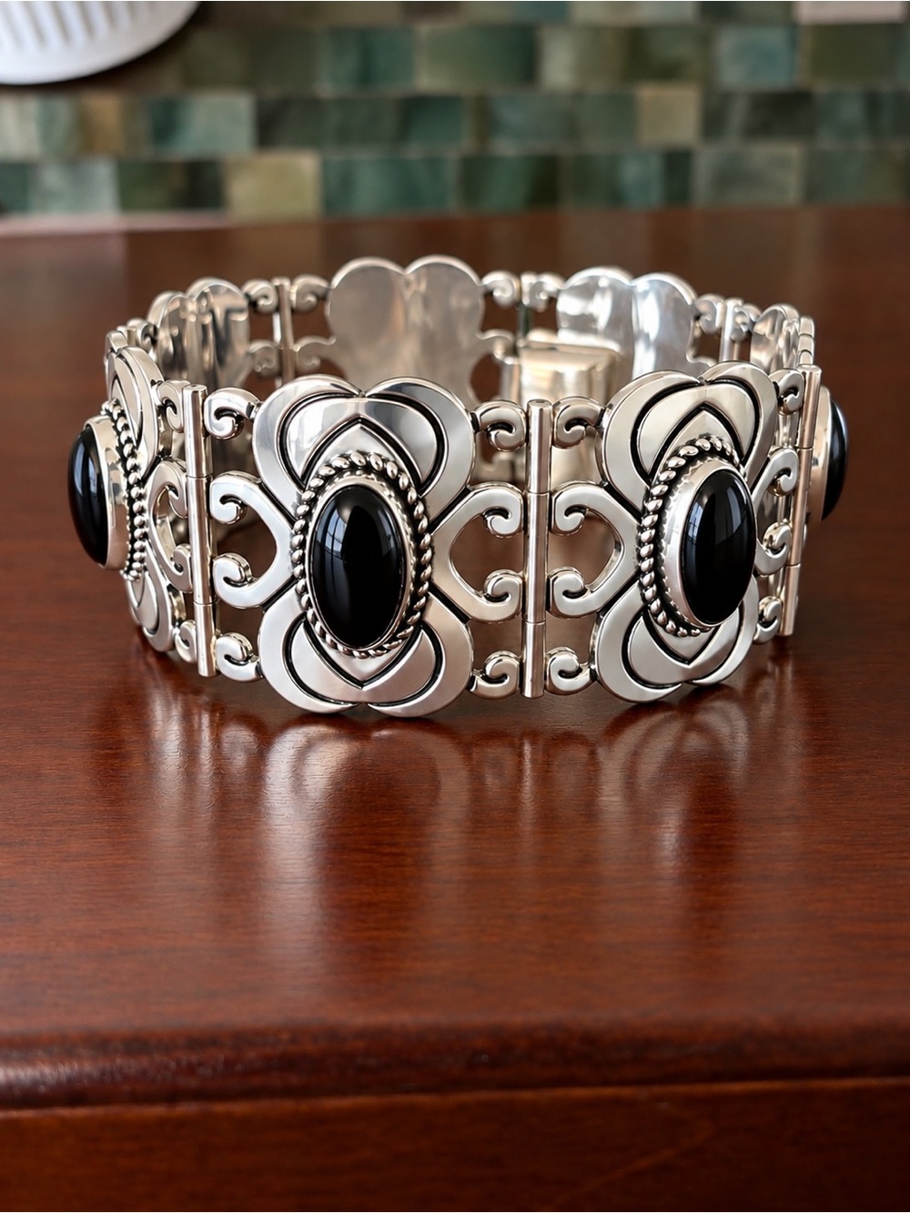 Taxco Mexico ATI 925 Sterling Silver Black Onyx Panel Bracelet